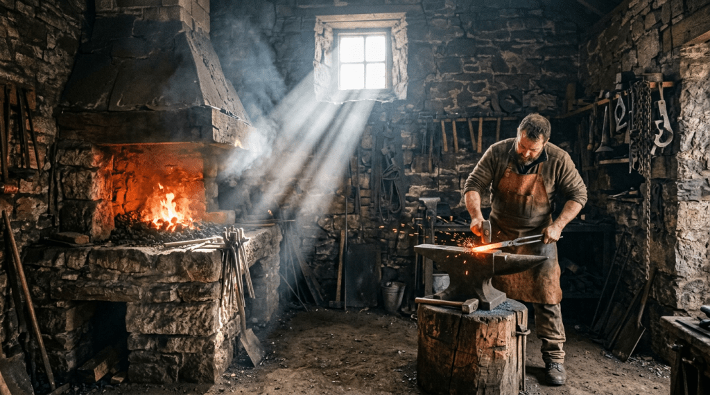 Blacksmith hammering heated metal on an anvil in a stone workshop